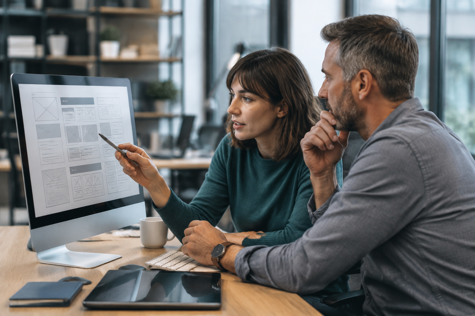 Nhân viên thiết kế website cùng khách hàng trao đổi cấu trúc